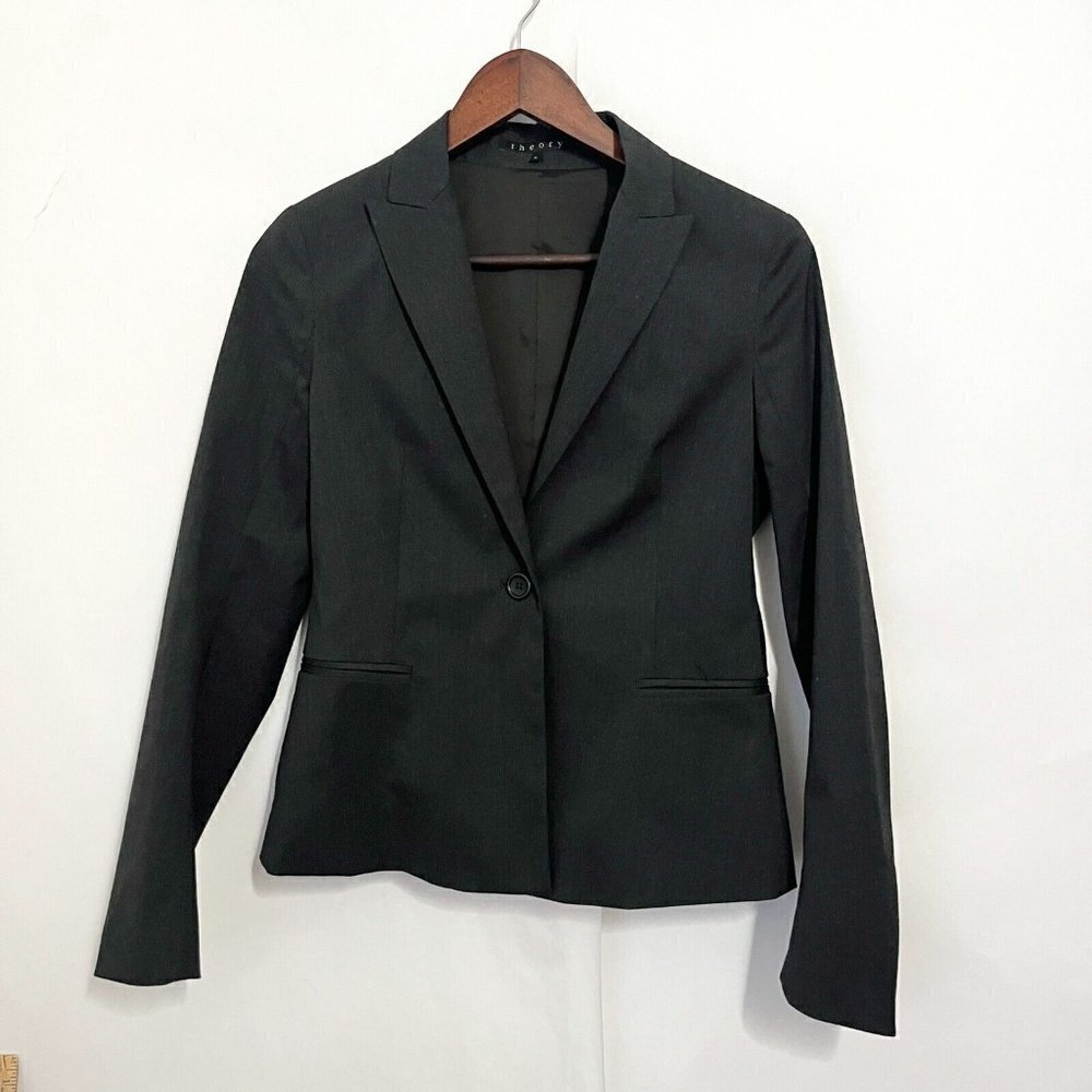 Theory Women's Blazer Gray Fitted One Button Classic Size 6 Wool Blend